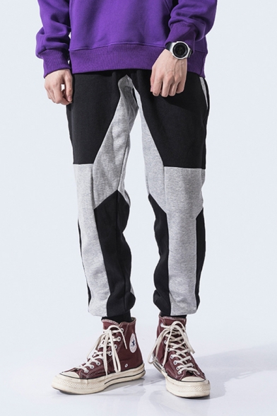 Guys New Trendy Black and Grey Colorblock Drawstring Waist Loose Fit Cotton Sweatpants