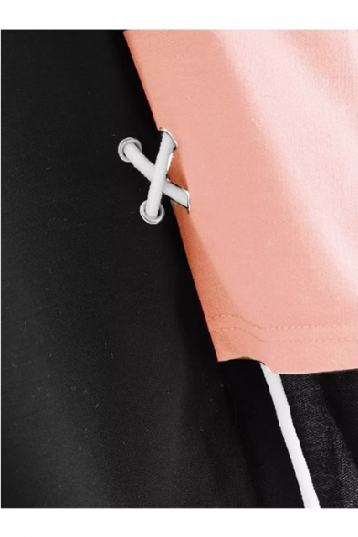 Hot Fashion Colorblock Drawstring Detail Round Neck Long Sleeve Pullover Sweatshirt for Women