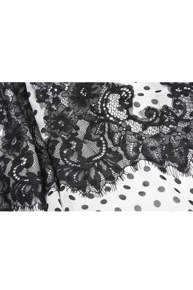 Hot Fashion Plunge Neck Bow Sleeveless Polka Dot Printed Lace Cutout Maxi Slip Black Dress