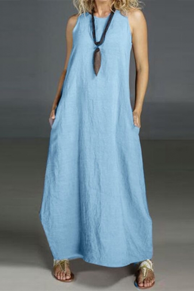 Hot Fashion Round Neck Sleeveless Plain Maxi Loose Tank Linen Dress For Women
