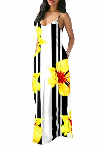 Hot Fashion Spaghetti Straps Sleeveless Floral Stripes Printed Pockets Detail Maxi Slip Yellow Dress