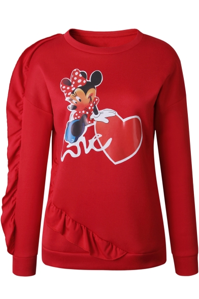 Hot Popular Cartoon Comic Character Heart Print Chic Ruffled Hem Pullover Sweatshirt