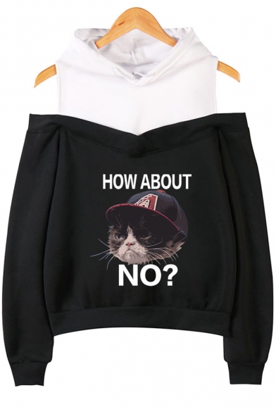 

HOW ABOUT NO Cartoon Grumpy Cat Cold Shoulder Long Sleeve Casual Loose Hoodie, Black;pink;gray;navy, LM529797