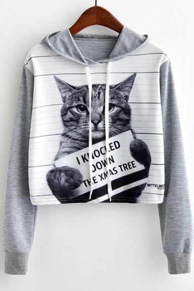 I KNOCNED DOWN THE XMAS TREE Letter Cartoon Card Cat Colorblock Striped Printed Long Sleeve Drawstring Cropped Hoodie