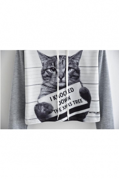I KNOCNED DOWN THE XMAS TREE Letter Cartoon Card Cat Colorblock Striped Printed Long Sleeve Drawstring Cropped Hoodie
