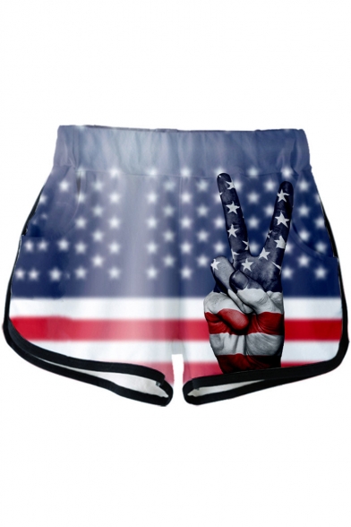 Independence Day Fashion Star Stripe Flag Finger Print Elastic Waist Casual Sport Dolphin Shorts