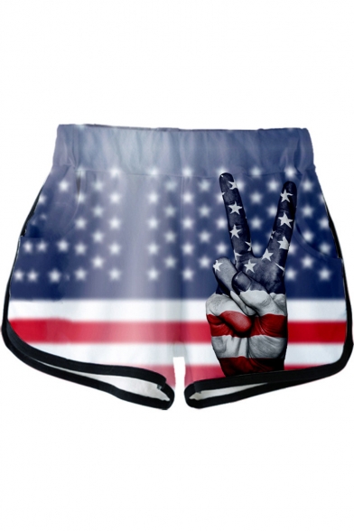 Independence Day Fashion Star Stripe Flag Finger Print Elastic Waist Casual Sport Dolphin Shorts