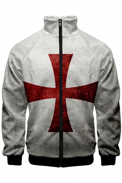 Knights Templar Red Cross Printed Stand Collar Long Sleeve Zip Up White Jacket