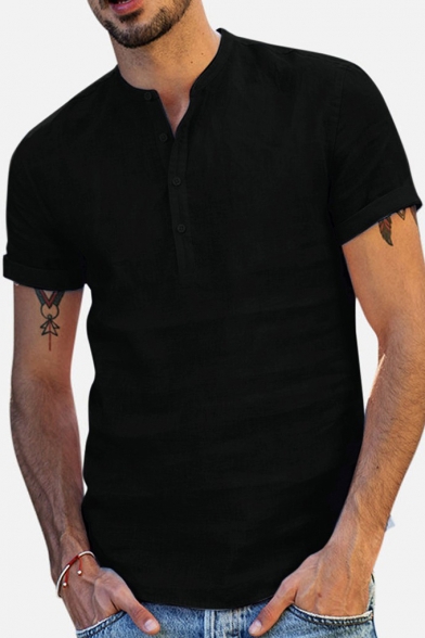 Mens Basic Simple Plain Button V-Neck Short Sleeve Casual Linen Henley Shirt