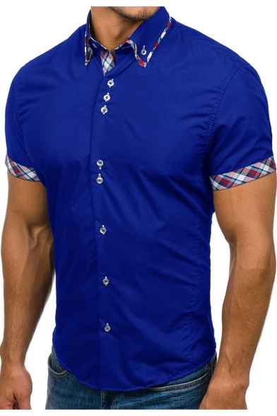 Mens Stylish Plaid Patched Classic Double Collar Irregular Button Down Slim Fit Short Sleeve Cotton Shirt