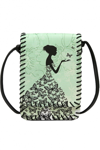 National Style Figure Butterfly Printed Green Crossbody Cell Phone Purse for Women 12*2*18 CM