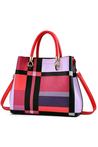 New Fashion Color Block Stripe Plaid Pattern Commuter Shoulder Handbag 30*13*24 CM