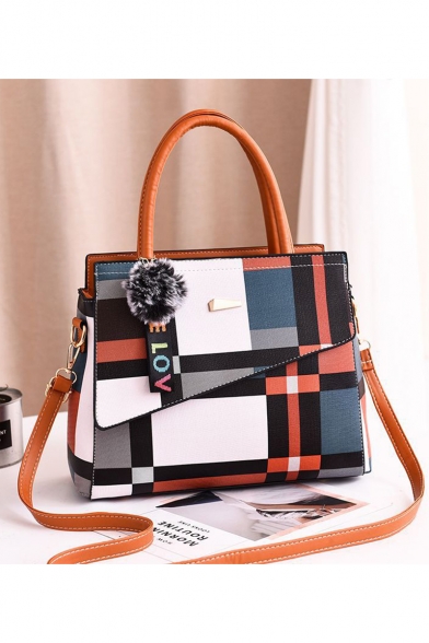 New Stylish Color Block Plaid Pattern Commuter Tote Handbag 33*13*25 CM