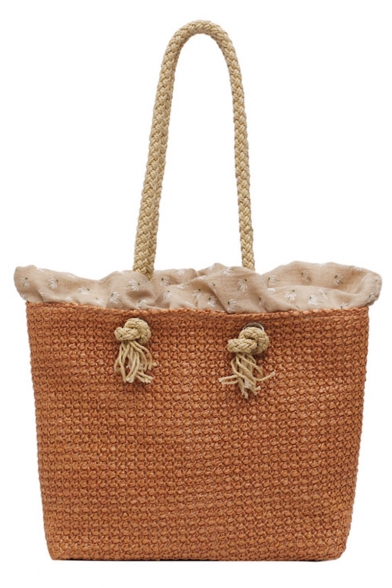 New Stylish Plain Ruffle Embellishment Hemp Pope Straw Shoulder Beach Bag Tote Bag 29*26*10 CM