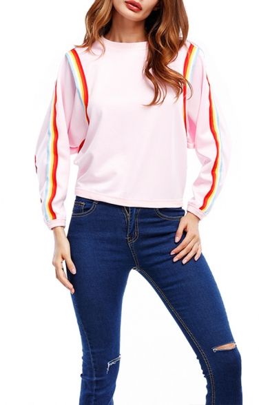 New Stylish Rainbow Striped Round Neck Long Sleeve Relaxed Fit Pullover Sweatshirt