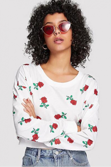 New Stylish Women's Rose Floral Print Round Neck Long Sleeve White Cropped T-Shirt