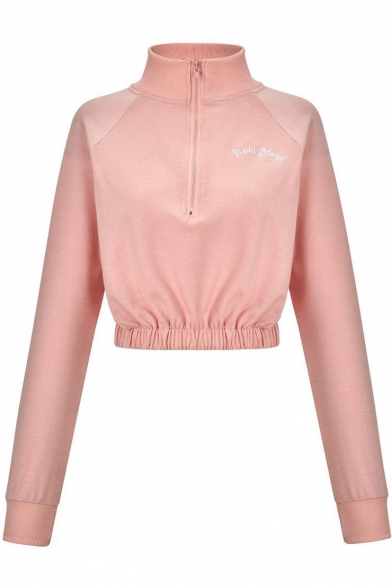 New Stylish Zipper Front Stand Collar Long Sleeve Letter Embroidered Pullover Sweatshirt