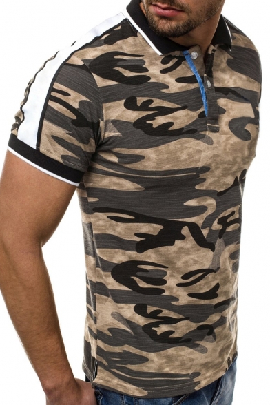 New Summer Men's Camouflage 3D Print Contrast Trim Tipped Collar Short Sleeve Slim Fit Polo Shirt