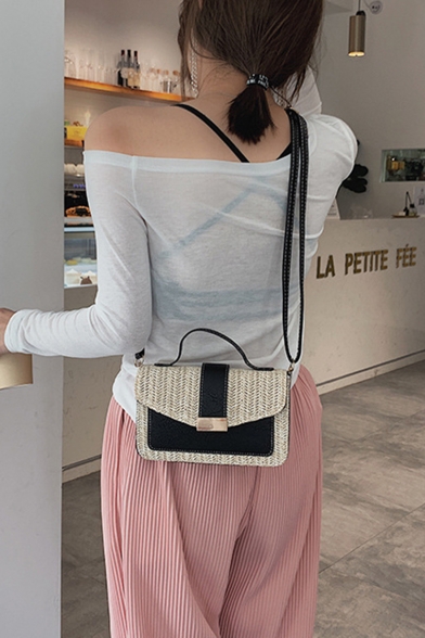 New Trendy Colorblock Straw Crossbody Satchel Shoulder Bag for Girls 20*4.5*12.5 CM