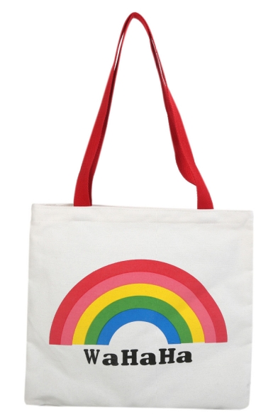 Popular Colored Rainbow Letter Printed White Canvas Shoulder Bag 32*31.5 CM