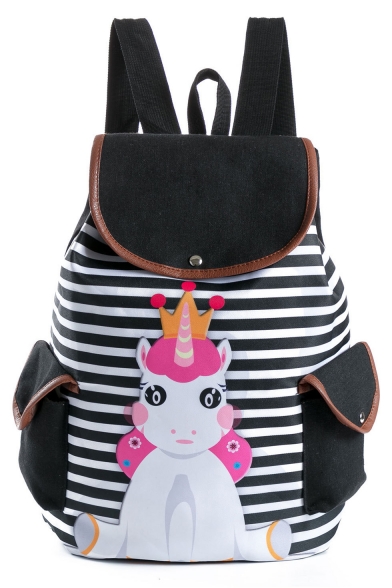 Popular Stripe Unicorn Printed Double Pocket Side Black School Backpack 28*11*39 CM