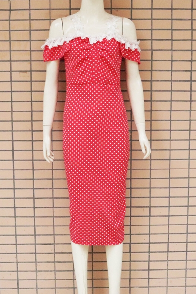 Sexy Red and White Polka Dot Printed Off the Shoulder Lace Embellished Midi Pencil Dress