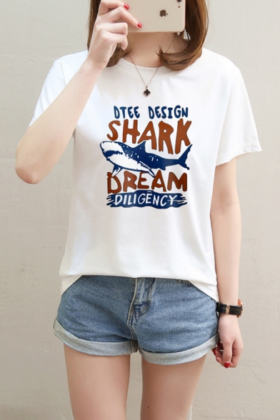 Shark Dream Cool Street Letter Printed Round Neck Short Sleeve Graphic Tee