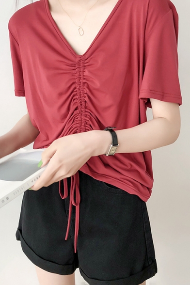 Stylish Drawstring Ruched V-Neck Short Sleeve Casual Modal Cotton T-Shirt