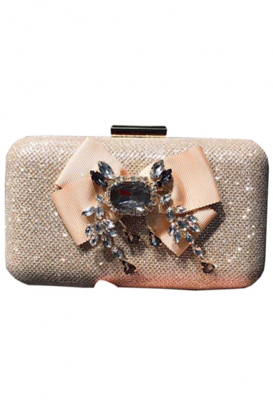 Stylish Plain Rhinestone Bow Embellishment Glitter Evening Clutch Bag
