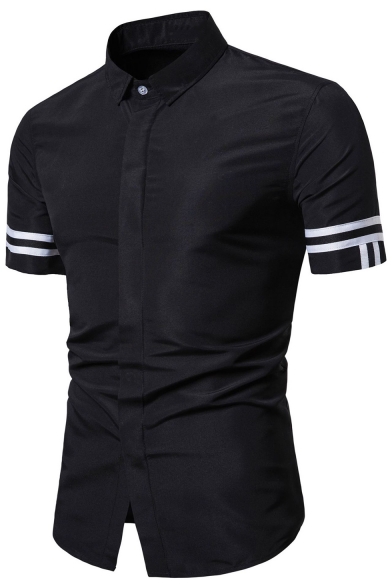 Stylish Simple Stripe Short Sleeve Concealed Button Front Slim Fit Shirt for Men