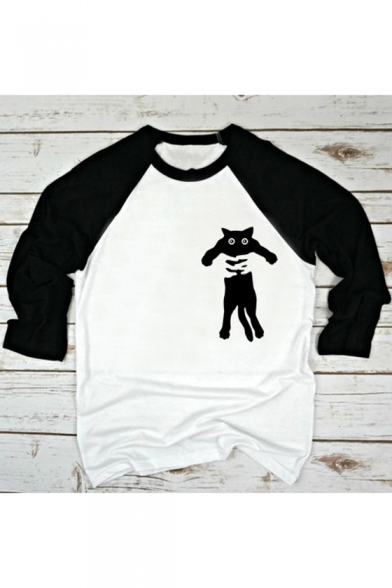 Stylish Two-Tone Color Block Round Neck Long Sleeve Cute Cat Printed Casual Loose T-Shirt