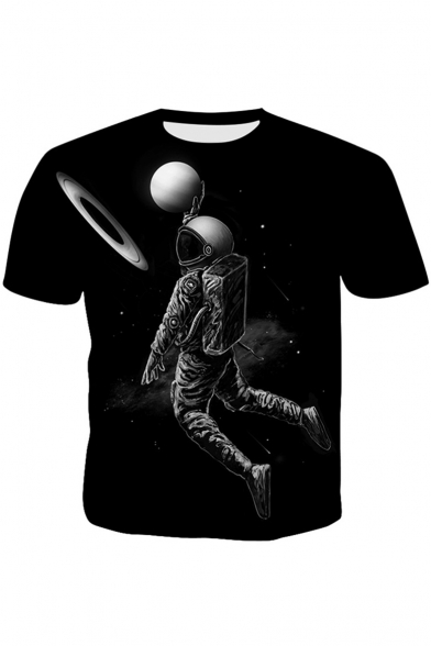 Summer Cool Space Astronaut 3D Printed Basic Round Neck Short Sleeve Black Tee