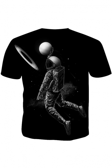 Summer Cool Space Astronaut 3D Printed Basic Round Neck Short Sleeve Black Tee