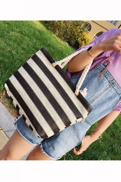 Summer Fashion Color Block Stripe Pattern Straw Beach Bag Shoulder Tote Bag 42*11*28 CM