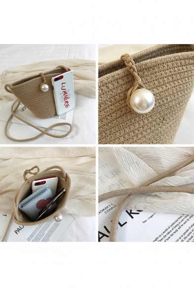 Summer Fashion Plain Pearl Embellishment Khaki Straw Crossbody Bucket Bag 21*8*15 CM