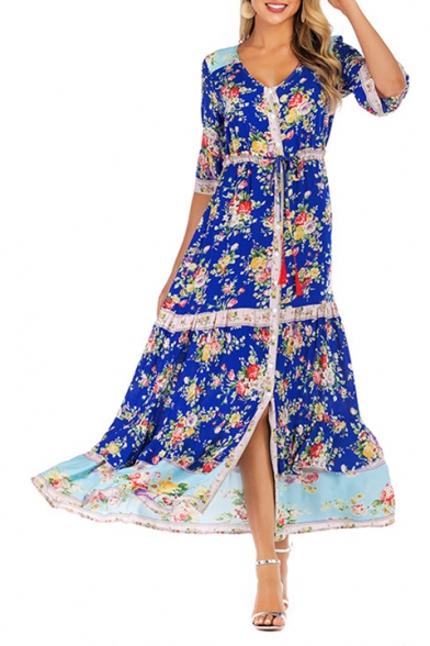 Summer Holiday Bohemian Style Floral Printed Button Down Maxi Flowy A-Line Dress