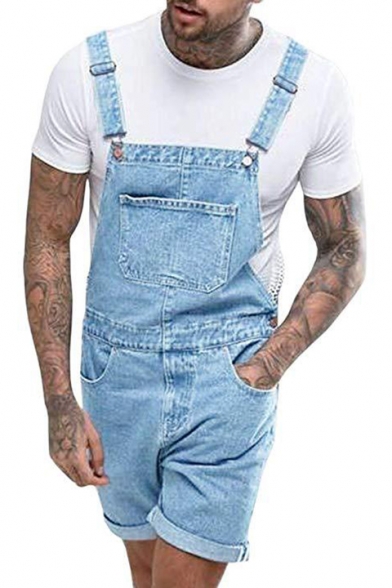 Summer Popular Vintage Washed Blue Mens Rolld Cuff Fitted Denim Overalls Shorts