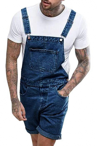 Summer Popular Vintage Washed Blue Mens Rolld Cuff Fitted Denim Overalls Shorts