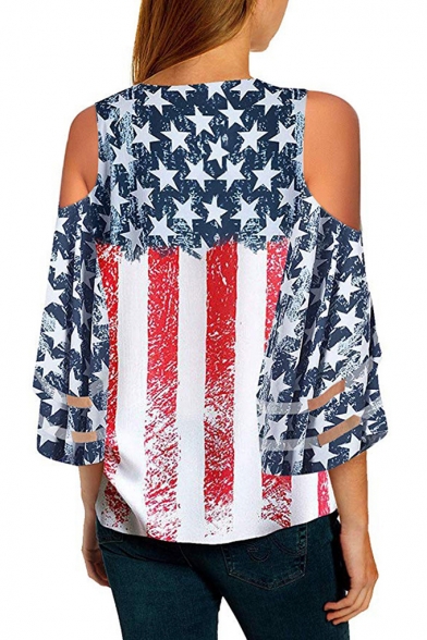 Summer Trendy American Flag Printed Cold Shoulder Mesh Panel Sleeve Loose Fit V-Neck T-Shirt