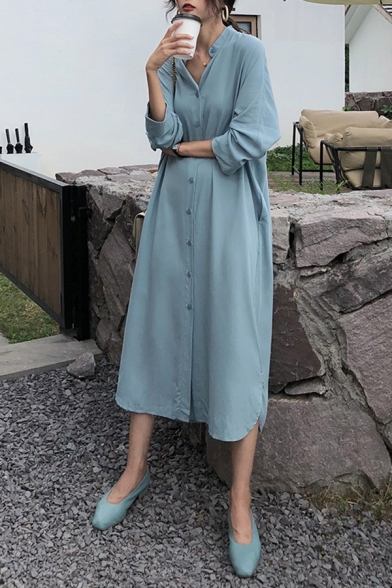 Summer Trendy Solid Color V-Neck Long Sleeve Button Down Maxi Slouchy Shirt Dress