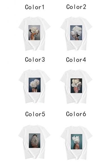 Summer Unique Abstract Floral Figure Pattern Round Neck Short Sleeve Casual Tee