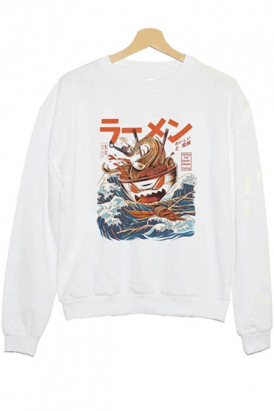 The Great Ramen Wave Printed Round Neck Long Sleeve White Casual Sweatshirt