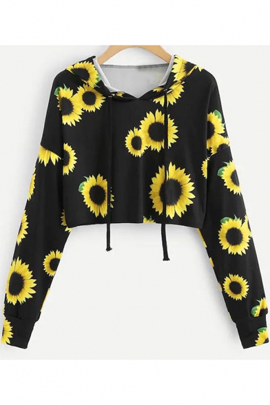Trendy Allover Sunflower Pattern Long Sleeve Black Cropped Hoodie
