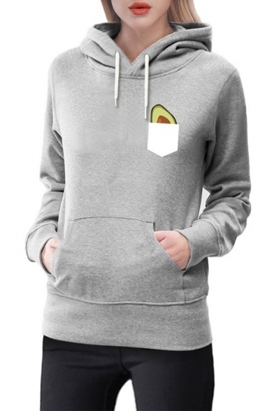 Trendy Avocado Pocket Printed Long Sleeve Drawstring Hoodie