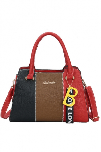 Trendy Color Block Letter Ribbon Embellishment Work Satchel Shoulder Handbag for Women 29*14*22 CM
