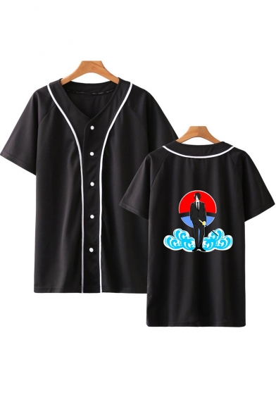 Trendy Comic Anime Character Cloud Printed V-Neck Button Front Short Sleeve Baseball Shirt