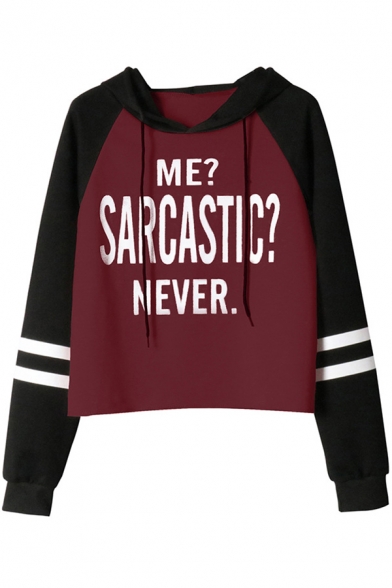 Trendy Letter ME SARCASTIC NEVER Print Striped Long Sleeve Relaxed Drawstring Hoodie