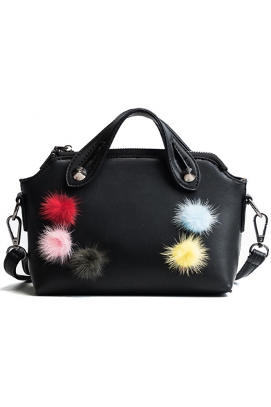 Trendy Plain Colored Plush Ball Embellishment PU Leather Shoulder Satchel Bag 25*14*10 CM