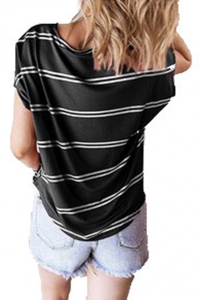 Trendy Striped Printed Batwing Sleeve Oblique Button Front Casual Loose Tee
