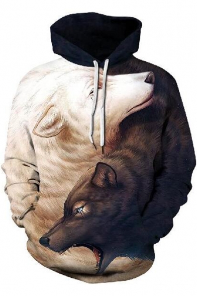 Unique Wolf and Lion 3D Print Contrast Hood Long Sleeve Unisex Hoodie